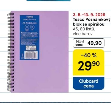 Tesco Poznámkový blok se spirálou A5, 80 listů, více barev