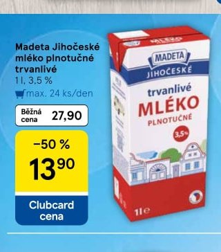 Madeta Jihočeské mléko polotučné trvanlivé