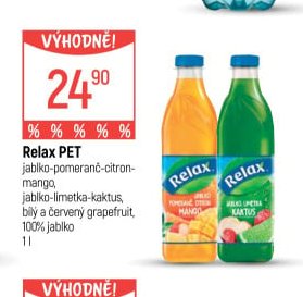 Relax PET jablko-pomeranč-citron-mango, jablko-limetka-kaktus, bílý a červený grapefruit, 100% jablko 1l