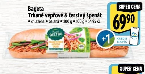 Bageta Trhané vepřové & čerstvý špenát