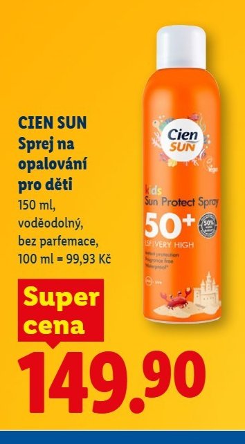 CIEN SUN Sprej na opalování pro děti 150 ml, voděodolný, bez parfemace, 100 ml = 99,93 Kč