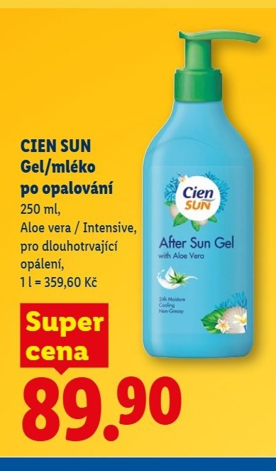 CIEN SUN Gel/mléko po opalování 250 ml, Aloe vera / Intensive, pro dlouhotrvající opálení, 1 l = 359,60 Kč