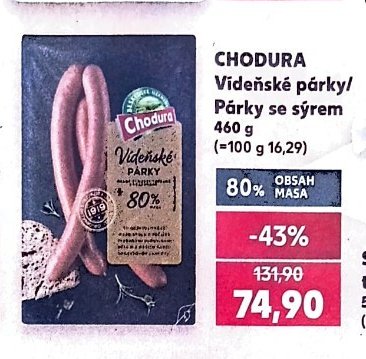 CHODURA Vídeňské párky/ Párky se sýrem 460 g