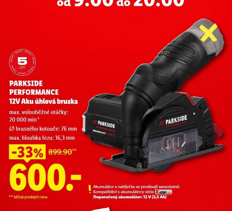 PARKSIDE PERFORMANCE 12V Aku úhlová bruska